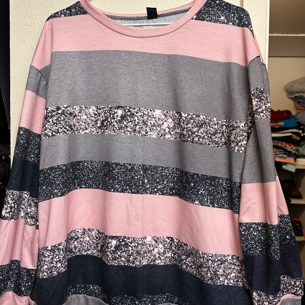 Striped Pink and Gray Long Sleeve Top